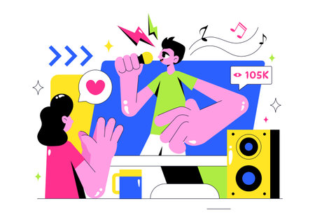 Virtual Concert Illustration Featuring a Metaverse Concept with People Watching a Musical Concerts, Interacting, and Exploring in a Virtual Worldのイラスト素材