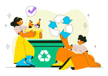 Eco Habit Illustration Featuring People Sorting Waste, Using Eco Bags, and Reusable Cups for Zero Waste and Sustainable Living in a Lifestyle Themeのイラスト素材