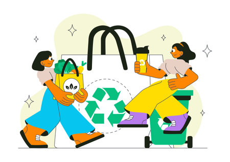 Eco Habit Illustration Featuring People Sorting Waste, Using Eco Bags, and Reusable Cups for Zero Waste and Sustainable Living in a Lifestyle Themeのイラスト素材