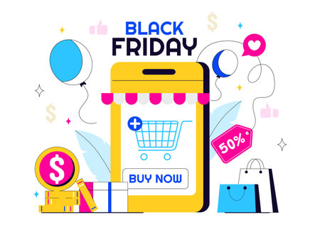 Black Friday Sale Event Vector Illustration with Shopping Paper Bags and Big Promotional Discounted Goods for Marketing in a Flat Style Backgroundのイラスト素材