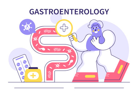Stomach Health Gastroenterology Vector Illustration Featuring Abdominal Pain and Medical Research for Healthcare in a Flat Style Cartoon Backgroundのイラスト素材