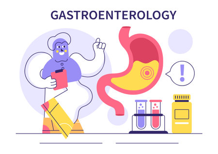 Stomach Health Gastroenterology Vector Illustration Featuring Abdominal Pain and Medical Research for Healthcare in a Flat Style Cartoon Backgroundのイラスト素材