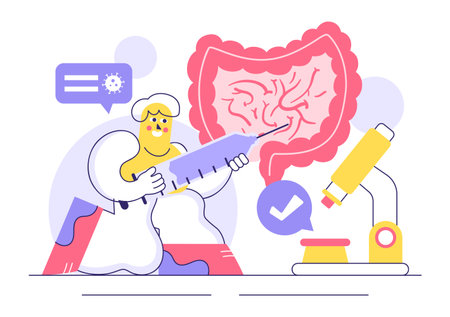 Stomach Health Gastroenterology Vector Illustration Featuring Abdominal Pain and Medical Research for Healthcare in a Flat Style Cartoon Backgroundのイラスト素材