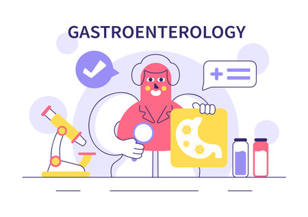 Stomach Health Gastroenterology Vector Illustration Featuring Abdominal Pain and Medical Research for Healthcare in a Flat Style Cartoon Backgroundのイラスト素材