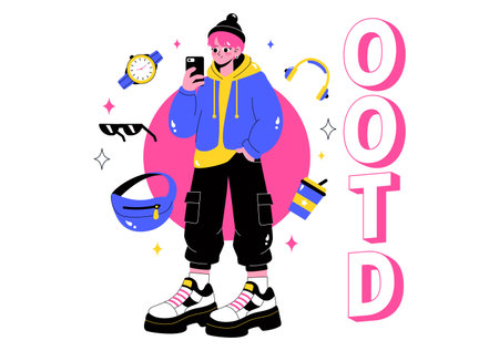 Outfit of the Day OOTD Vector Illustration featuring Clothing Choices, Accessories, Self Expression, and Style Inspiration in a Flat Backgroundのイラスト素材