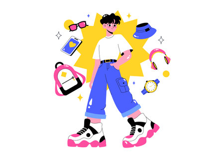 Outfit of the Day OOTD Vector Illustration featuring Clothing Choices, Accessories, Self Expression, and Style Inspiration in a Flat Backgroundのイラスト素材