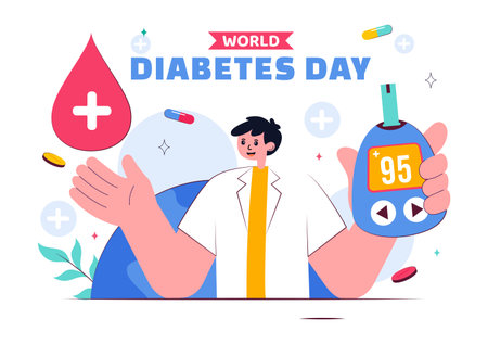 World Diabetes Day Vector Illustration on November 14 Featuring Doctors Testing Blood Glucose Levels and Measuring Sugar in a Flat Style Backgroundのイラスト素材