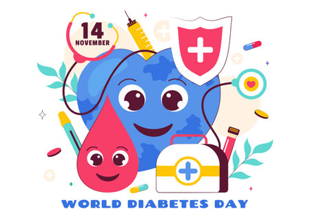World Diabetes Day Vector Illustration on November 14 Featuring Doctors Testing Blood Glucose Levels and Measuring Sugar in a Flat Style Backgroundのイラスト素材