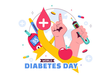 World Diabetes Day Vector Illustration on November 14 Featuring Doctors Testing Blood Glucose Levels and Measuring Sugar in a Flat Style Backgroundのイラスト素材