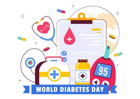 World Diabetes Day Vector Illustration on November 14 Featuring Doctors Testing Blood Glucose Levels and Measuring Sugar in a Flat Style Backgroundのイラスト素材