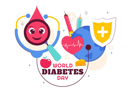 World Diabetes Day Vector Illustration on November 14 Featuring Doctors Testing Blood Glucose Levels and Measuring Sugar in a Flat Style Backgroundのイラスト素材