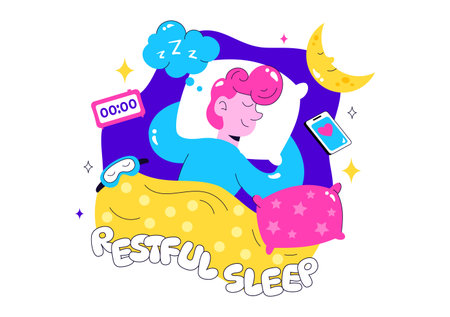 Restful Sleep Vector Illustration featuring a Sweet Dream Scene with Happy People Sleeping on a Soft Cloud and Bed for Relaxation and Calmnessのイラスト素材