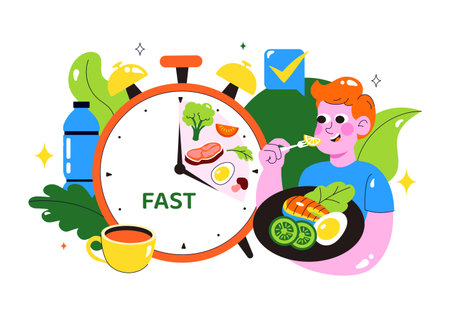 Intermittent Fasting Vector Illustration featuring a Clock Face Symbolizing the Principle of Eating Time and Exercise in a Dieting Flat Backgroundのイラスト素材