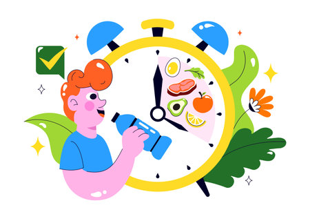 Intermittent Fasting Vector Illustration featuring a Clock Face Symbolizing the Principle of Eating Time and Exercise in a Dieting Flat Backgroundのイラスト素材
