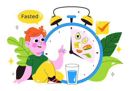 Intermittent Fasting Vector Illustration featuring a Clock Face Symbolizing the Principle of Eating Time and Exercise in a Dieting Flat Backgroundのイラスト素材