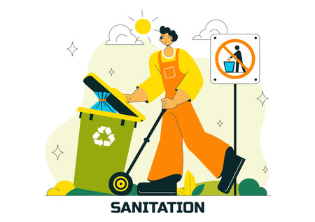 Sanitation Vector Illustration featuring People Cleaning Up Garbage and Disposing of it Properly and Washing Hands with Flat Style Cartoon Backgroundのイラスト素材