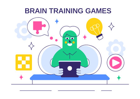 Brain Training Games Vector Illustration featuring People Having Fun with Riddles, Crosswords, Logic Game, and Puzzle Solving in a Flat Backgroundのイラスト素材
