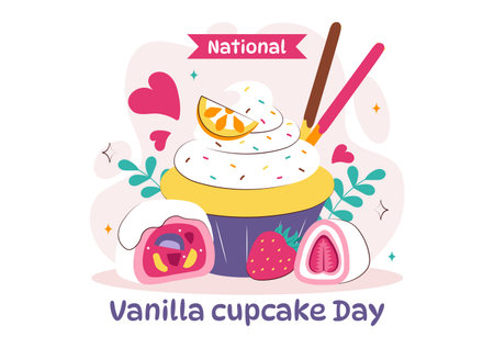 National Vanilla Cupcake Day Illustration featuring Delicious Cupcakes Topped with Colorful Sprinkles, Fresh Strawberries, and Creamy Vanilla Frostingのイラスト素材