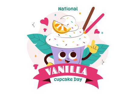 National Vanilla Cupcake Day Illustration featuring Delicious Cupcakes Topped with Colorful Sprinkles, Fresh Strawberries, and Creamy Vanilla Frostingのイラスト素材