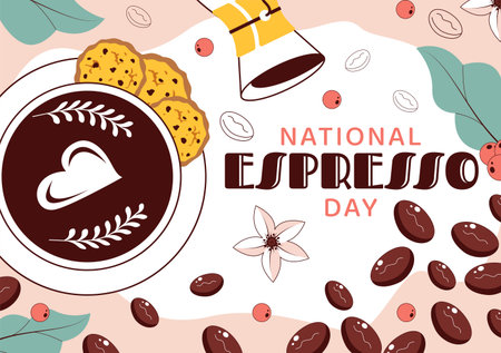 National Espresso Day Celebration Vector Illustration on November 23 Featuring a Coffee Cup and Coffee Beans in a Flat Style Cartoon Backgroundのイラスト素材