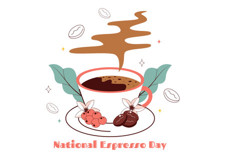 National Espresso Day Celebration Vector Illustration on November 23 Featuring a Coffee Cup and Coffee Beans in a Flat Style Cartoon Backgroundのイラスト素材