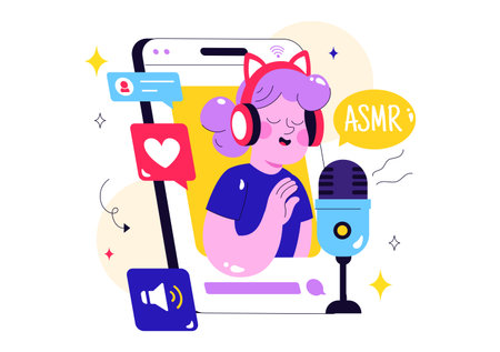 ASMR Lifestyle Vector Illustration Featuring Young People Recording ASMR Sounds to Create Social Media Content in a Flat Style Cartoon Backgroundのイラスト素材