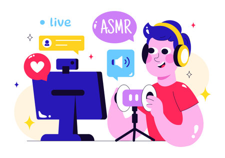 ASMR Lifestyle Vector Illustration Featuring Young People Recording ASMR Sounds to Create Social Media Content in a Flat Style Cartoon Backgroundのイラスト素材