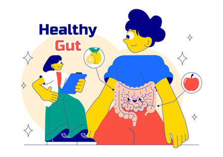 Healthy Gut Illustration featuring Human Digestive System Anatomy with Gut Microflora, Inflamed Intestinal Cells, Bacteria, and Probiotics Backgroundのイラスト素材