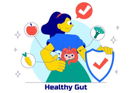 Healthy Gut Illustration featuring Human Digestive System Anatomy with Gut Microflora, Inflamed Intestinal Cells, Bacteria, and Probiotics Backgroundのイラスト素材