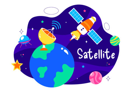 Satellite Internet Technology Vector Illustration featuring Satellites in Orbit Transmitting Signals for Global Network Connectivity in a Backgroundのイラスト素材