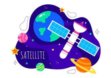 Satellite Internet Technology Vector Illustration featuring Satellites in Orbit Transmitting Signals for Global Network Connectivity in a Backgroundのイラスト素材