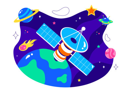 Satellite Internet Technology Vector Illustration featuring Satellites in Orbit Transmitting Signals...
