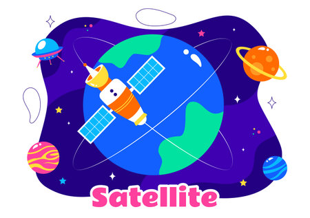 Satellite Internet Technology Vector Illustration featuring Satellites in Orbit Transmitting Signals for Global Network Connectivity in a Backgroundのイラスト素材