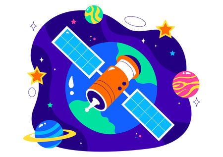 Satellite Internet Technology Vector Illustration featuring Satellites in Orbit Transmitting Signals for Global Network Connectivity in a Backgroundのイラスト素材