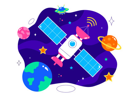 Satellite Internet Technology Vector Illustration featuring Satellites in Orbit Transmitting Signals for Global Network Connectivity in a Backgroundのイラスト素材