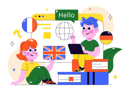 Online Language Learning Vector Illustration Featuring Courses, Training Programs, and Studying Foreign Languages Abroad through Website Educationのイラスト素材