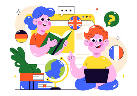 Online Language Learning Vector Illustration Featuring Courses, Training Programs, and Studying Foreign Languages Abroad through Website Educationのイラスト素材