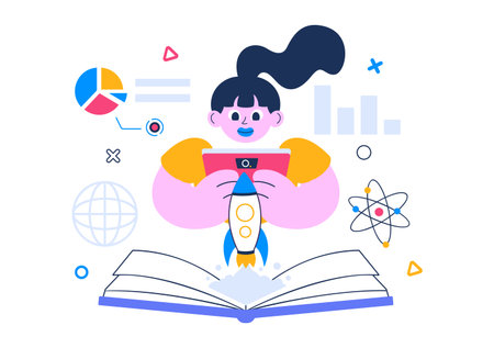 Augmented Reality Vector Illustration featuring Virtual Reality Technology, Gaming, and Education with a Headset and Interactive VR Touch Interfaceのイラスト素材