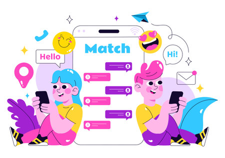 Online Dating App Vector Illustration Featuring a Couple with Male and Female on Smartphone, Showing Match, Love, and Relationships in a Backgroundのイラスト素材