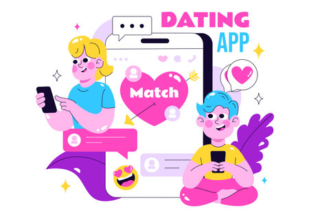 Online Dating App Vector Illustration Featuring a Couple with Male and Female on Smartphone, Showing Match, Love, and Relationships in a Backgroundのイラスト素材