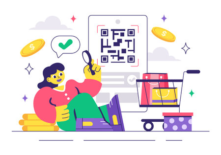 Mobile Payment Vector Illustration featuring Smartphone QR Code Scanning and Smart Wallet Transactions via Credit and Debit Card Applicationsのイラスト素材