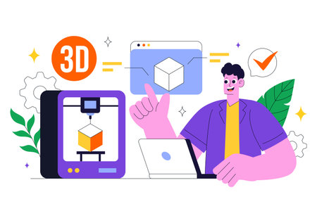 3D Printing Workshop Vector Illustration Featuring an Innovative Fabrication Process with Desktop...