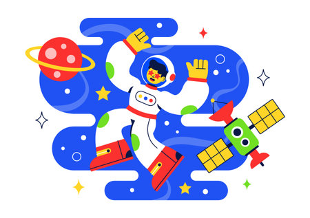 Space Tourism Illustration featuring Multinational Tourists Flying on a Rocket With Views of Outer Space Stations and Several Planets in a Backgroundのイラスト素材