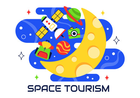 Space Tourism Illustration featuring Multinational Tourists Flying on a Rocket With Views of Outer Space Stations and Several Planets in a Backgroundのイラスト素材