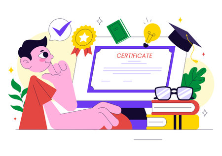 Online Course Certificate Program Illustration Featuring Learning Management System with Mobile Application, Online Coach, and Skill Developmentのイラスト素材