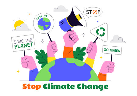 Climate Change Protest Illustration Featuring People Holding Placards with Slogans to Protect the...