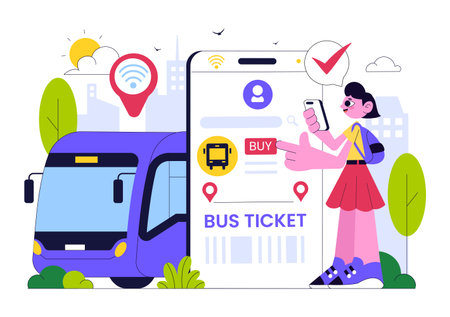 Smart Public Transport System Illustration Featuring Mobile Tracking Interface, Bus, and Urban Area GPS Map Navigation with Cloud Computing Technologyのイラスト素材