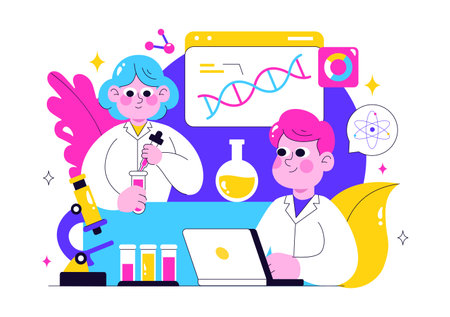 Genetics Testing Illustration Featuring DNA Molecule Structure, Scientific Research, and Laboratory Experiment with Scientists in a Technologicalのイラスト素材