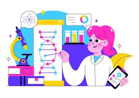 Genetics Testing Illustration Featuring DNA Molecule Structure, Scientific Research, and Laboratory Experiment with Scientists in a Technologicalのイラスト素材