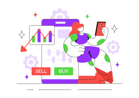 Online Stock Trading Platforms Illustration Featuring Buying and Selling Digital Assets Like Bitcoin for Potential Profit or Investment Purposesのイラスト素材